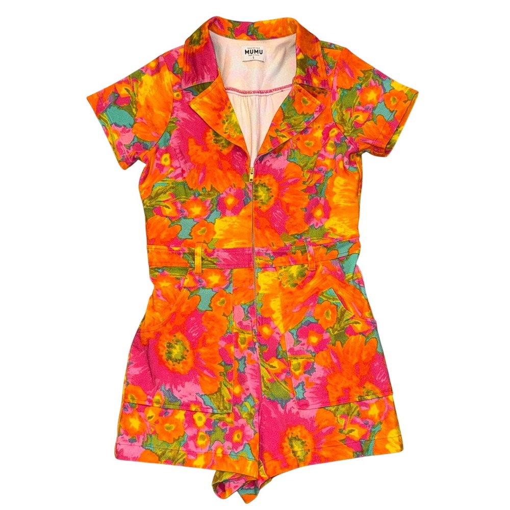 SHOW ME YOUR MUMU 1960s 1970s Outlaw Miss Malibu Floral Denim Romper | Women's L